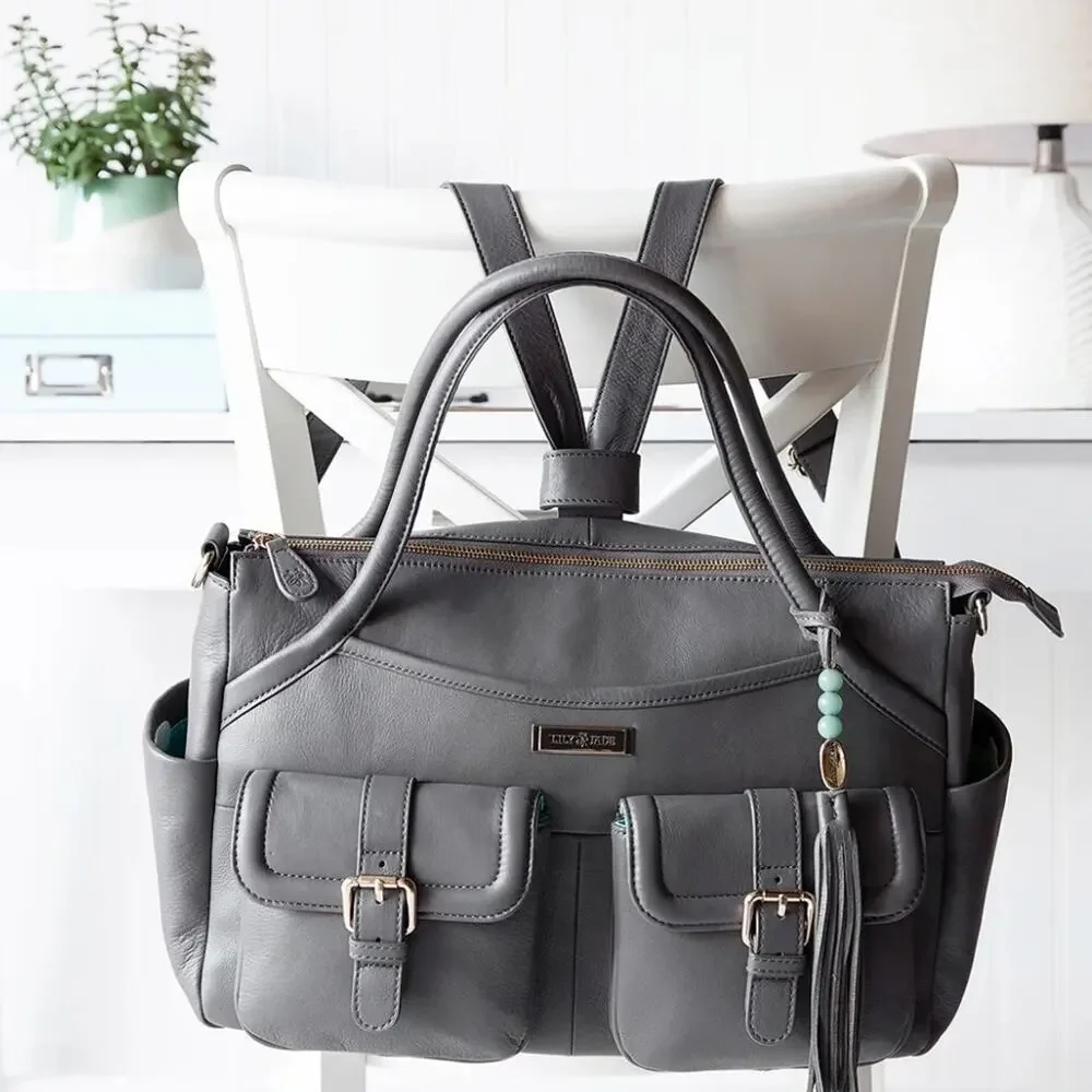 Lily Jade Elizabeth diaper bag grey leather convertible backpack crossbody baby